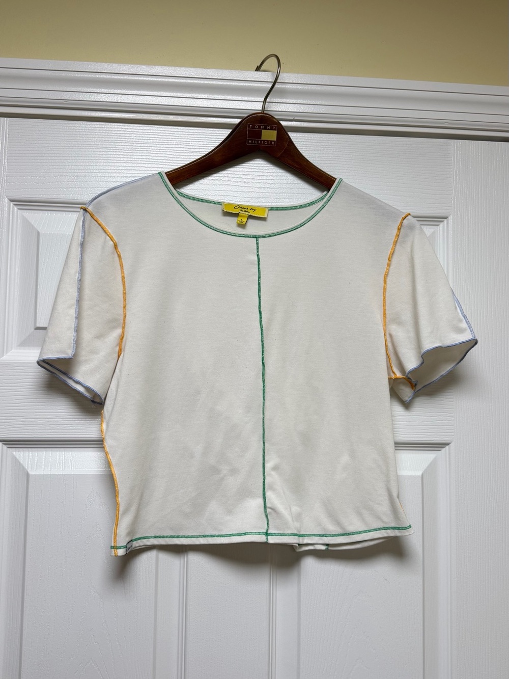 Circus by Sam Edelman White Cropped Tee with Multicolor Contrast Stitching